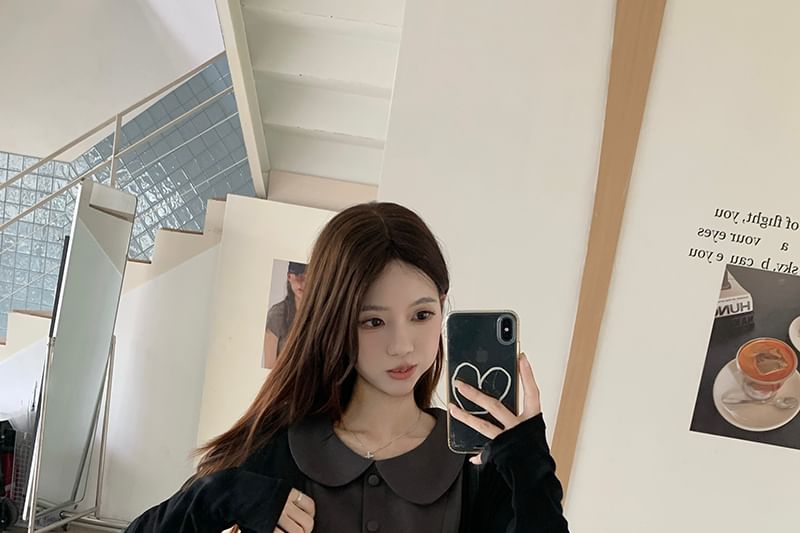 Sleeveless Collar Plain Button Mini A-Line Dress / Cardigan