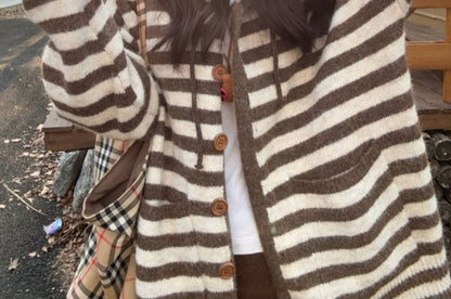 Striped Drawstring Hooded Cardigan (Various Designs)
