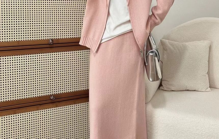 Set: Zip-Up Cardigan + High Waist Plain Maxi Skirt