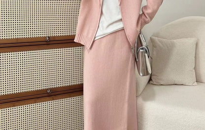 Set: Zip-Up Cardigan + High Waist Plain Maxi Skirt