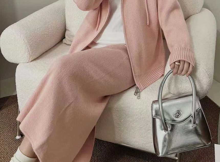 Set: Zip-Up Cardigan + High Waist Plain Maxi Skirt