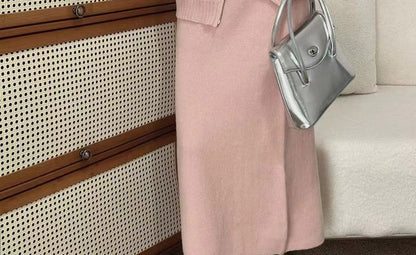 Set: Zip-Up Cardigan + High Waist Plain Maxi Skirt