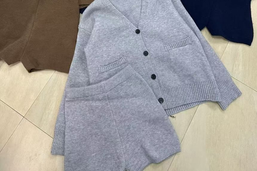 Set: V-Neck Plain Cardigan + Mid Rise Hot Pants