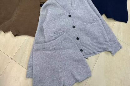 Set: V-Neck Plain Cardigan + Mid Rise Hot Pants