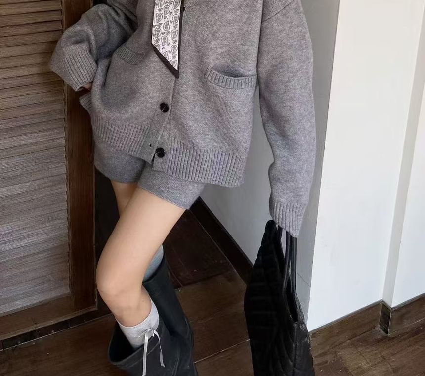 Set: V-Neck Plain Cardigan + Mid Rise Hot Pants