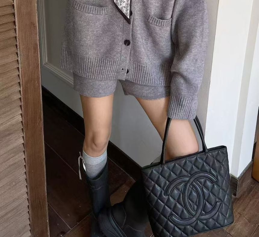 Set: V-Neck Plain Cardigan + Mid Rise Hot Pants