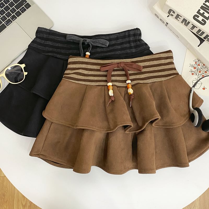 Striped Ruffle Panel Faux Suede Mini A-Line Skirt Drawstring Waist