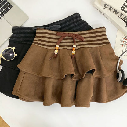 Striped Ruffle Panel Faux Suede Mini A-Line Skirt Drawstring Waist