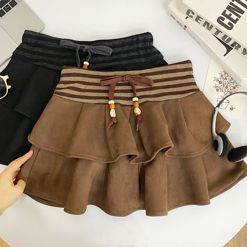 Striped Ruffle Panel Faux Suede Mini A-Line Skirt Drawstring Waist