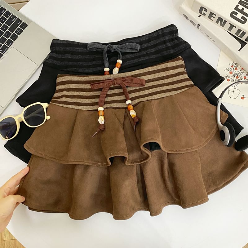 Striped Ruffle Panel Faux Suede Mini A-Line Skirt Drawstring Waist