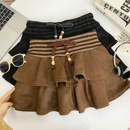 Striped Ruffle Panel Faux Suede Mini A-Line Skirt Drawstring Waist
