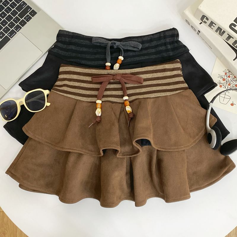 Striped Ruffle Panel Faux Suede Mini A-Line Skirt Drawstring Waist