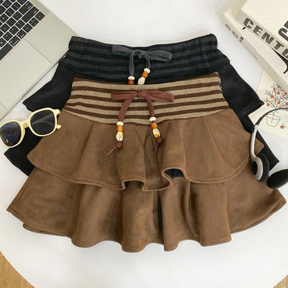Striped Ruffle Panel Faux Suede Mini A-Line Skirt Drawstring Waist