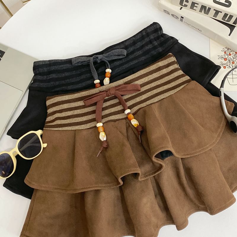 Striped Ruffle Panel Faux Suede Mini A-Line Skirt Drawstring Waist