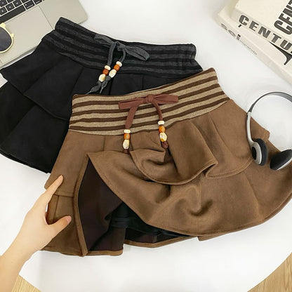 Striped Ruffle Panel Faux Suede Mini A-Line Skirt Drawstring Waist