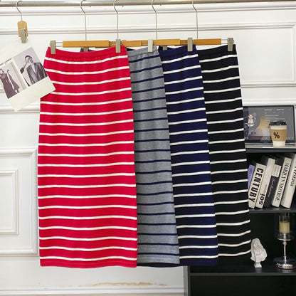 Striped Knit Maxi Pencil Skirt with Slit High Waist