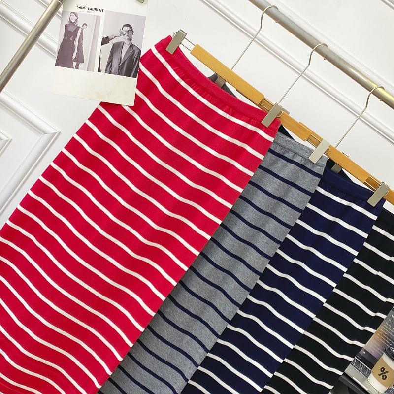 Striped Knit Maxi Pencil Skirt with Slit High Waist