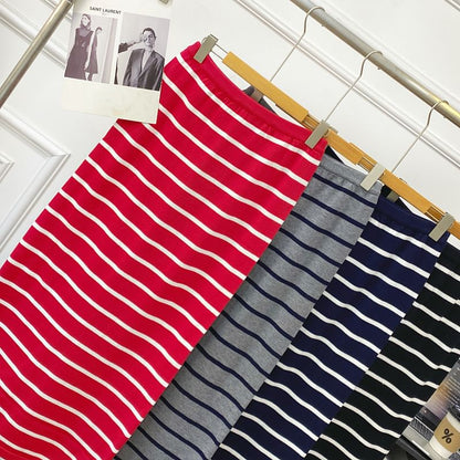 Striped Knit Maxi Pencil Skirt with Slit High Waist