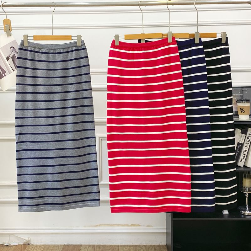 Striped Knit Maxi Pencil Skirt with Slit High Waist