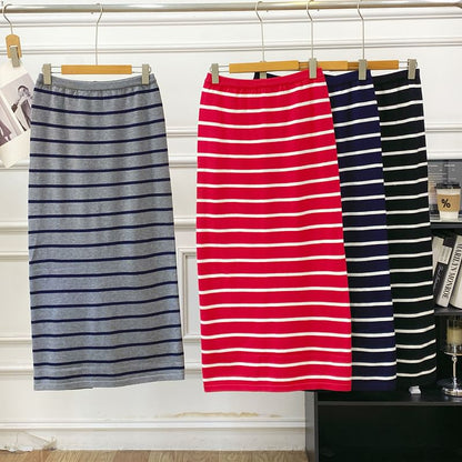 Striped Knit Maxi Pencil Skirt with Slit High Waist