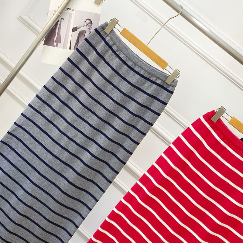 Striped Knit Maxi Pencil Skirt with Slit High Waist