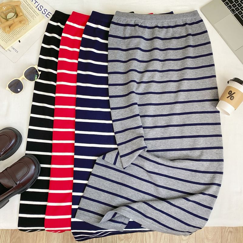 Striped Knit Maxi Pencil Skirt with Slit High Waist