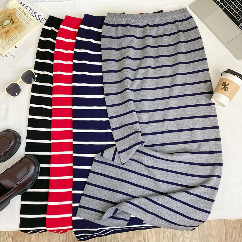 Striped Knit Maxi Pencil Skirt with Slit High Waist