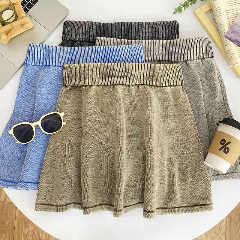 Washed Knit Mini A-Line Skirt High Rise