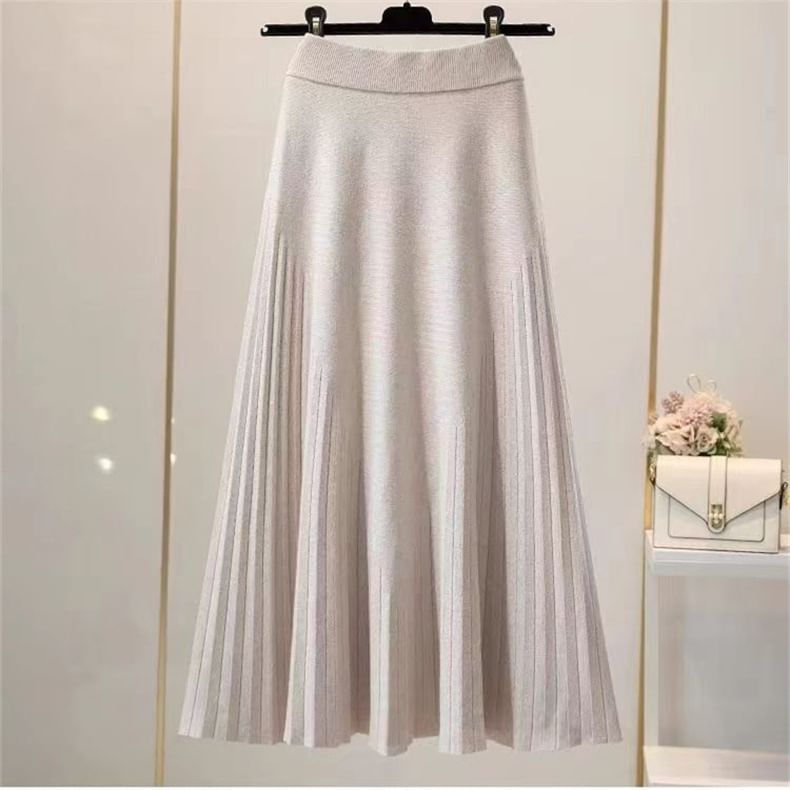 Solid Knit Maxi A-Line Skirt High Waist