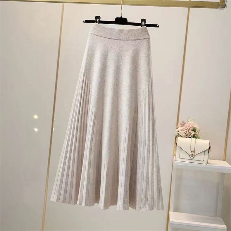 Solid Knit Maxi A-Line Skirt High Waist
