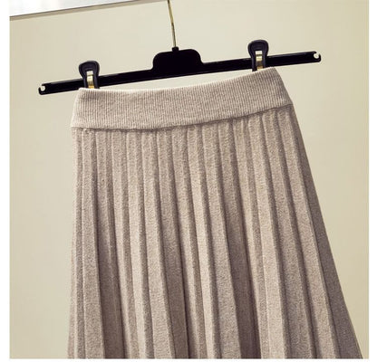 Solid Knit Pleated Midi Skirt High Rise