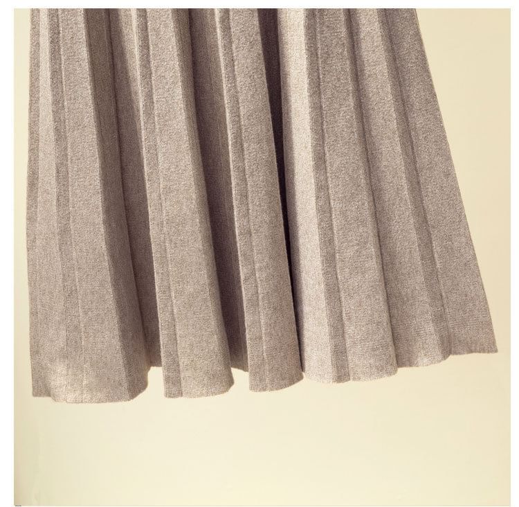 Solid Knit Pleated Midi Skirt High Rise