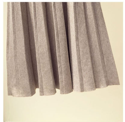 Solid Knit Pleated Midi Skirt High Rise
