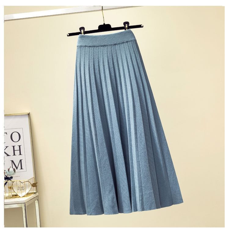 Solid Knit Pleated Midi Skirt High Rise