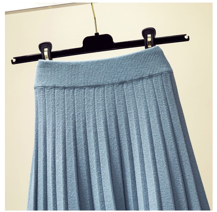 Solid Knit Pleated Midi Skirt High Rise