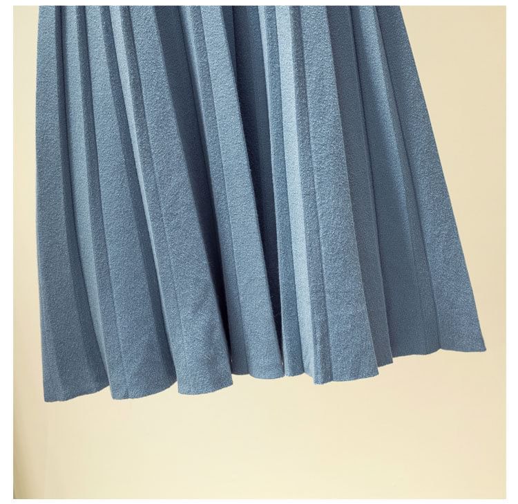 Solid Knit Pleated Midi Skirt High Rise
