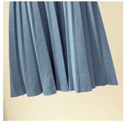 Solid Knit Pleated Midi Skirt High Rise