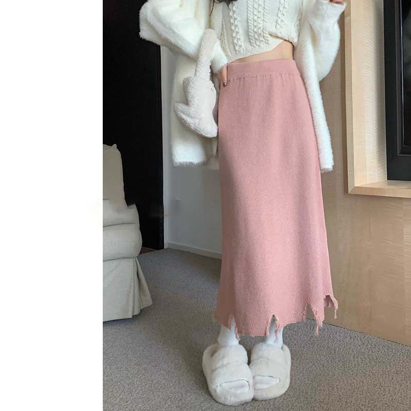 Solid Distressed Knit Midi A-Line Skirt High Rise