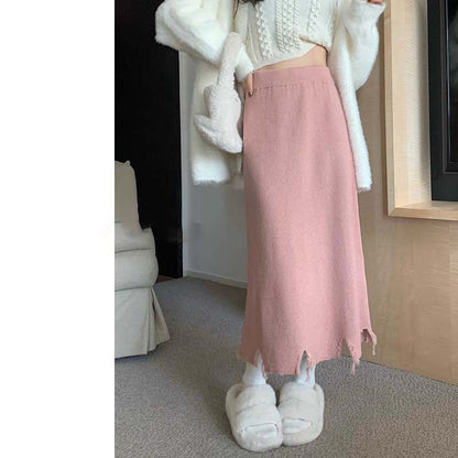 Solid Distressed Knit Midi A-Line Skirt High Rise
