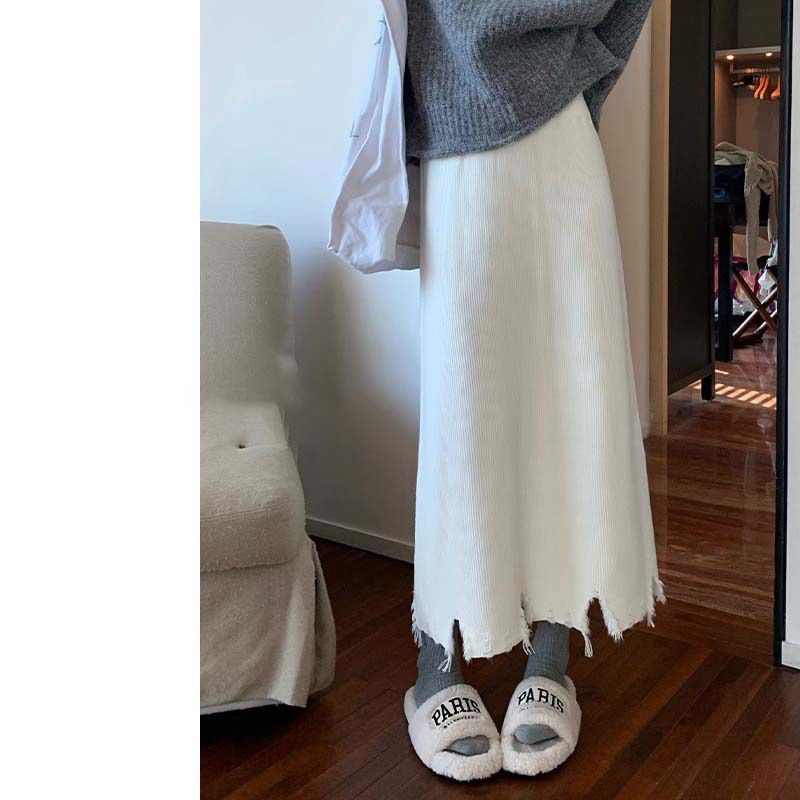 Solid Distressed Knit Midi A-Line Skirt High Rise