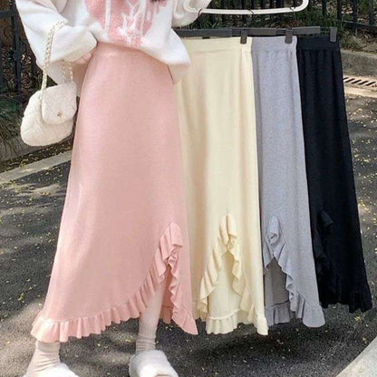 Solid Ruffle Trim Slit Midi A-Line Skirt High Waist