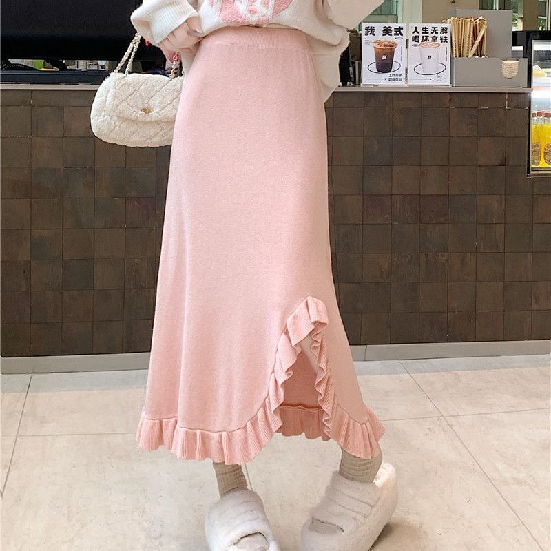 Solid Ruffle Trim Slit Midi A-Line Skirt High Waist