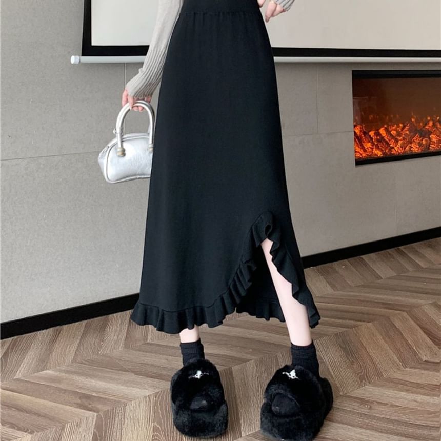 Solid Ruffle Trim Slit Midi A-Line Skirt High Waist