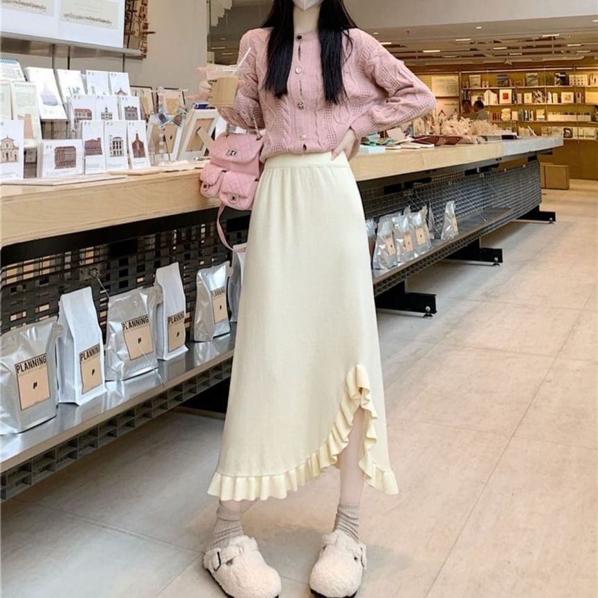 Solid Ruffle Trim Slit Midi A-Line Skirt High Waist