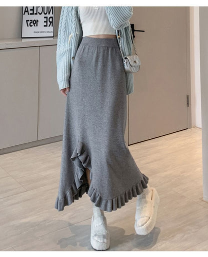 Solid Ruffle Trim Slit Midi A-Line Skirt High Waist