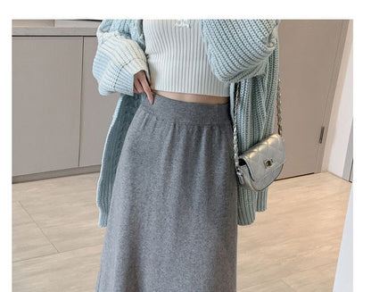 Solid Ruffle Trim Slit Midi A-Line Skirt High Waist