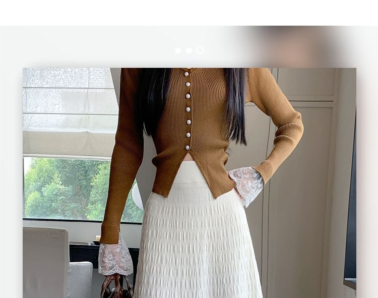 Solid Ruched Knit Midi A-Line Skirt High Rise