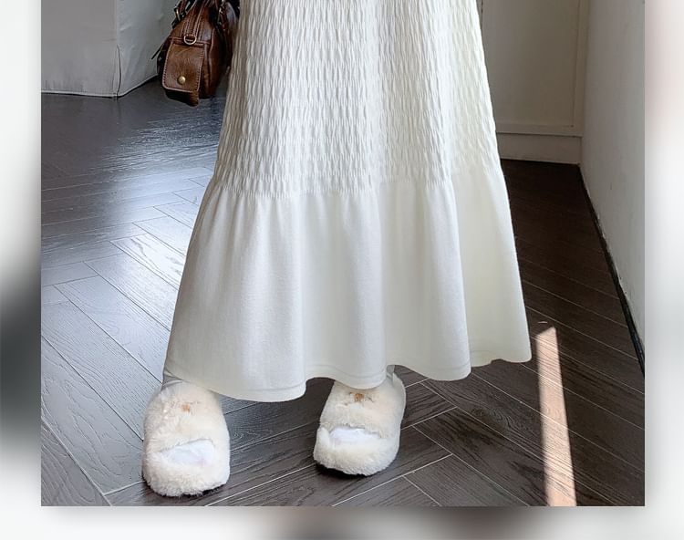 Solid Ruched Knit Midi A-Line Skirt High Rise