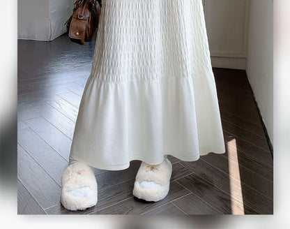Solid Ruched Knit Midi A-Line Skirt High Rise