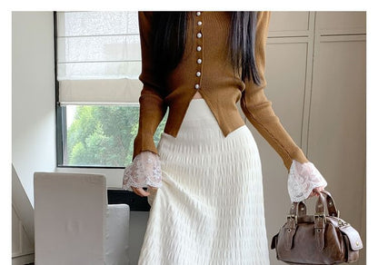 Solid Ruched Knit Midi A-Line Skirt High Rise